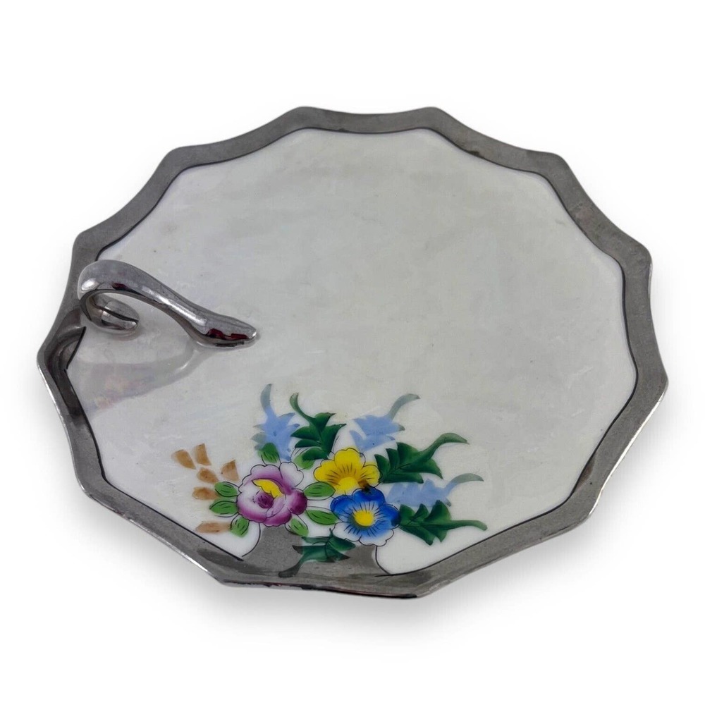 Lemon Server Nappy Dish Plate Silver Handle‎ Rising Sun Japan Luster Floral Vtg
